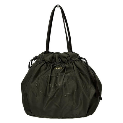 Prada Tote Bag Logo Jacquard Khaki X Dark Brown Leather Tag Draw String Shape