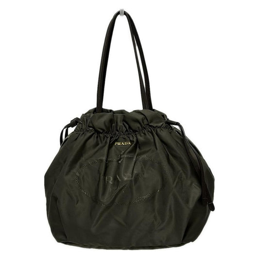 Prada Tote Bag Logo Jacquard Khaki X Dark Brown Leather Tag Draw String Shape