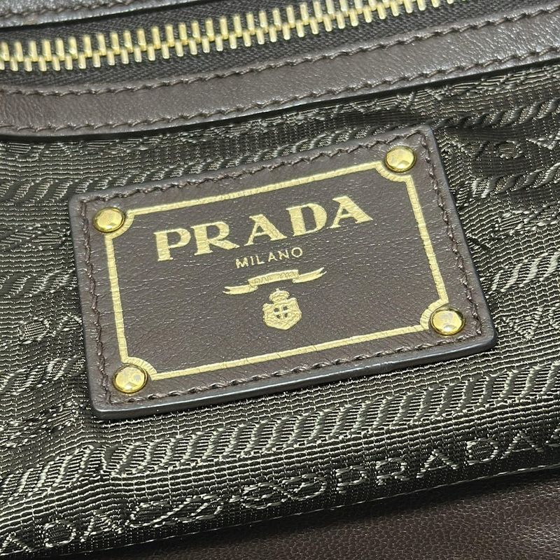 Prada Tote Bag Logo Jacquard Khaki X Dark Brown Leather Tag Draw String Shape