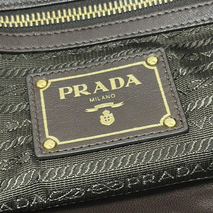 Prada Tote Bag Logo Jacquard Khaki X Dark Brown Leather Tag Draw String Shape