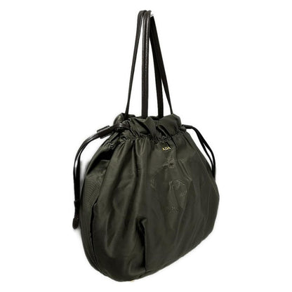 Prada Tote Bag Logo Jacquard Khaki X Dark Brown Leather Tag Draw String Shape