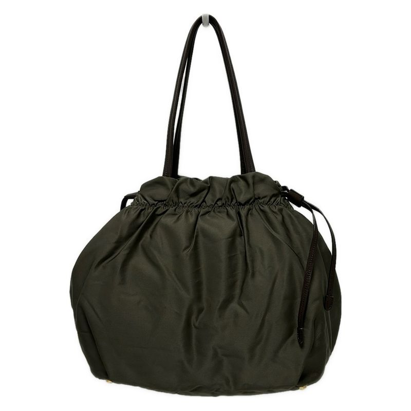 Prada Tote Bag Logo Jacquard Khaki X Dark Brown Leather Tag Draw String Shape