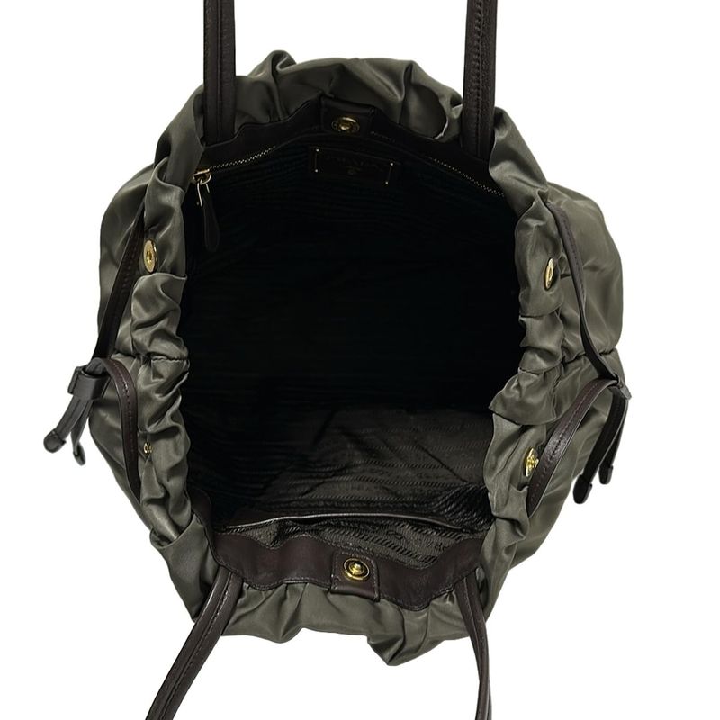 Prada Tote Bag Logo Jacquard Khaki X Dark Brown Leather Tag Draw String Shape
