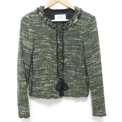 Prada Wool Tweed No Collar Jacket Skirt Setup 40 Green Ladies Preowned Used