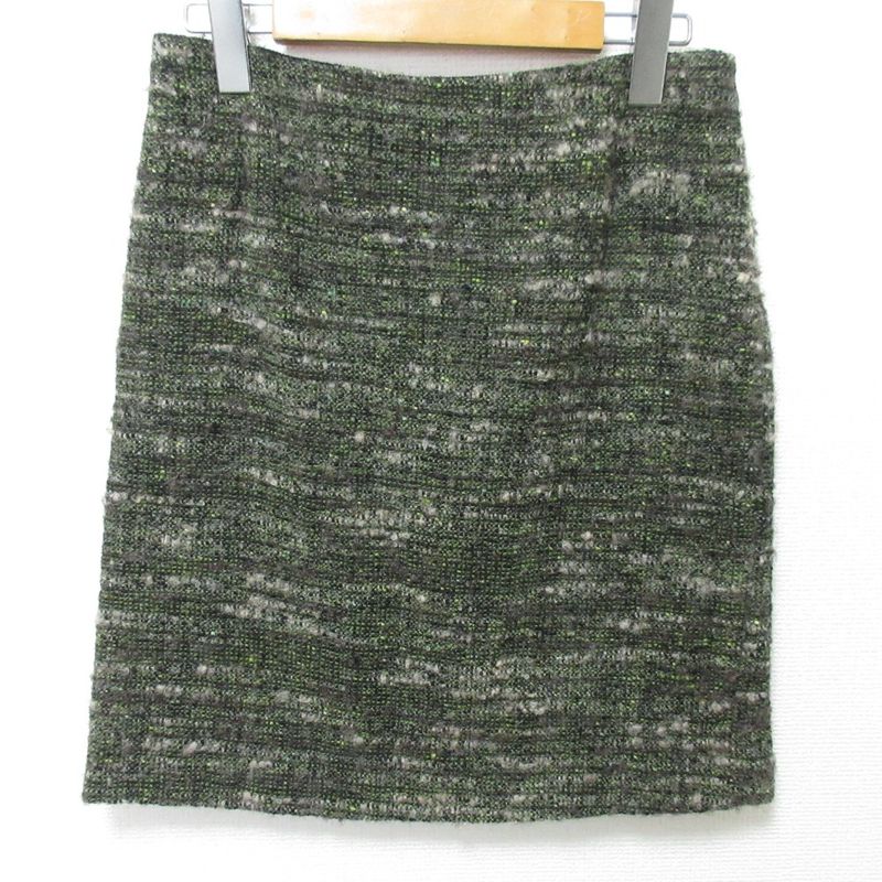 Prada Wool Tweed No Collar Jacket Skirt Setup 40 Green Ladies Preowned Used