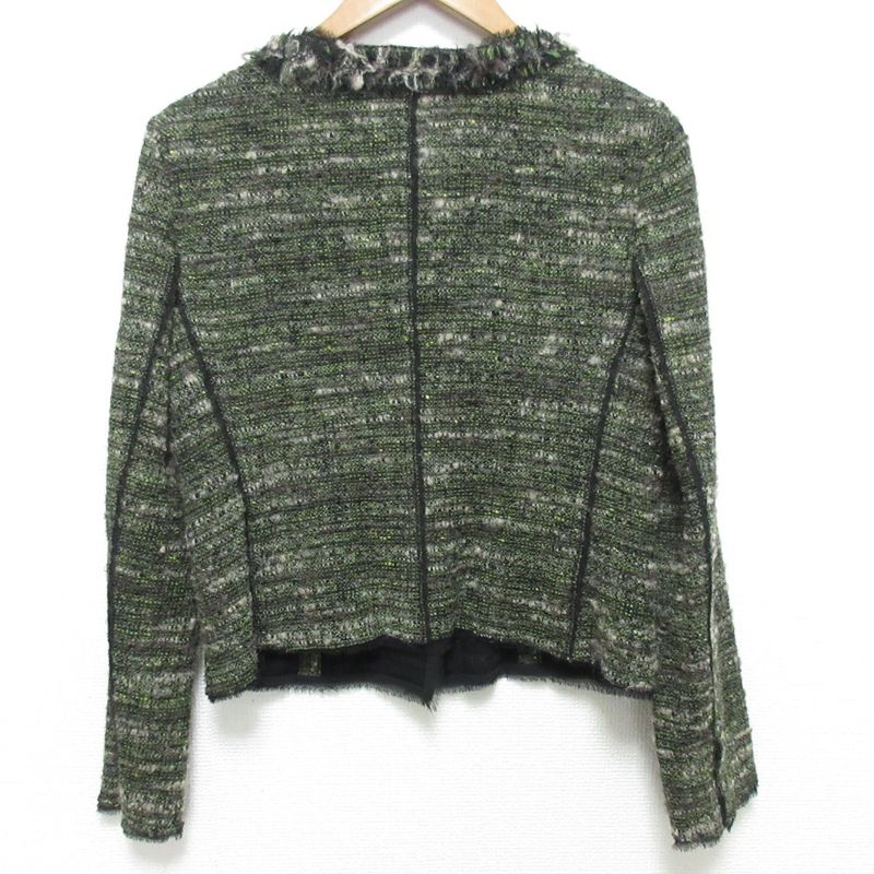 Prada Wool Tweed No Collar Jacket Skirt Setup 40 Green Ladies Preowned Used
