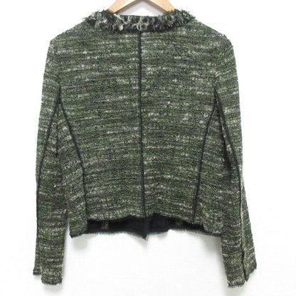 Prada Wool Tweed No Collar Jacket Skirt Setup 40 Green Ladies Preowned Used