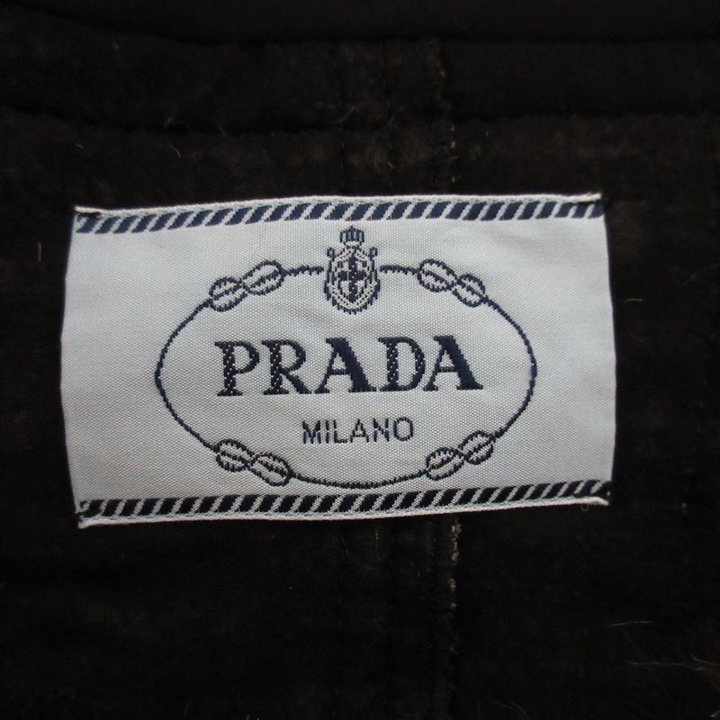 Prada Wool Tweed No Collar Jacket Skirt Setup 40 Green Ladies Preowned Used