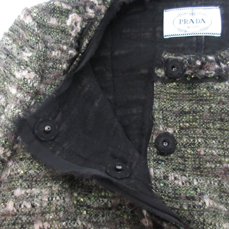 Prada Wool Tweed No Collar Jacket Skirt Setup 40 Green Ladies Preowned Used