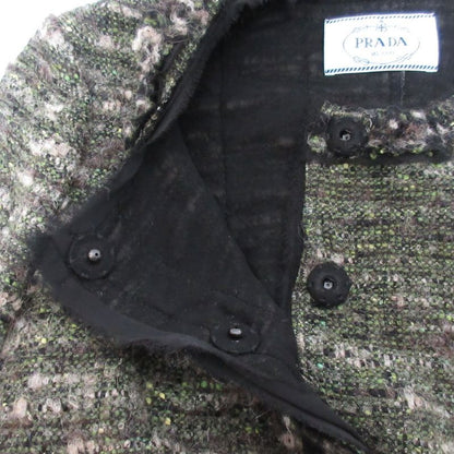 Prada Wool Tweed No Collar Jacket Skirt Setup 40 Green Ladies Preowned Used