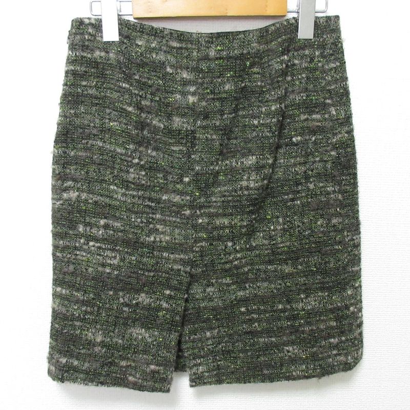 Prada Wool Tweed No Collar Jacket Skirt Setup 40 Green Ladies Preowned Used