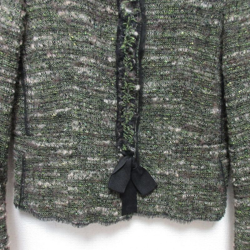 Prada Wool Tweed No Collar Jacket Skirt Setup 40 Green Ladies Preowned Used