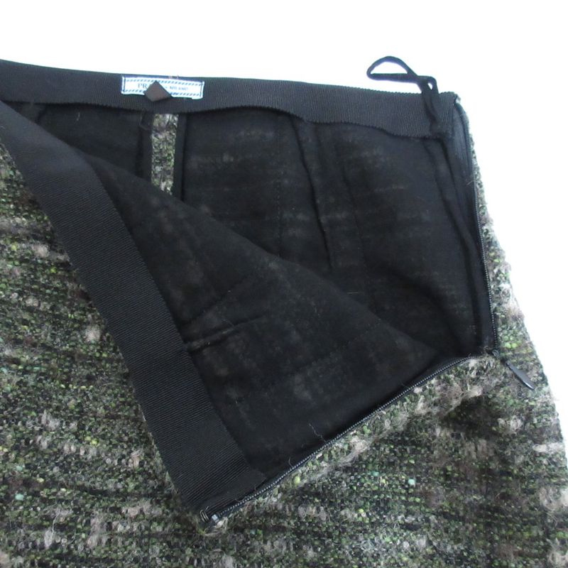 Prada Wool Tweed No Collar Jacket Skirt Setup 40 Green Ladies Preowned Used