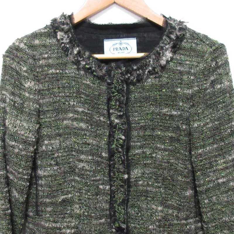 Prada Wool Tweed No Collar Jacket Skirt Setup 40 Green Ladies Preowned Used