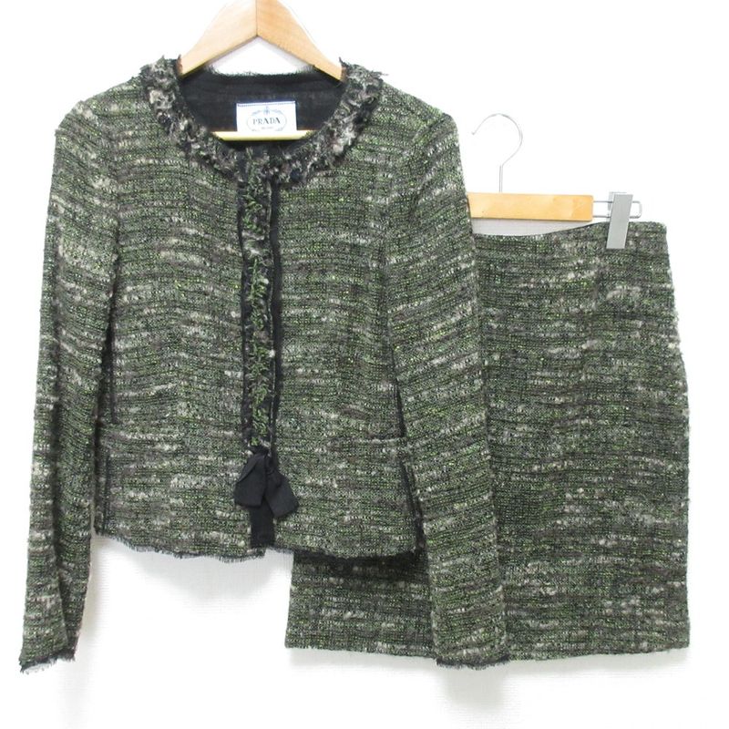 Prada Wool Tweed No Collar Jacket Skirt Setup 40 Green Ladies Preowned Used