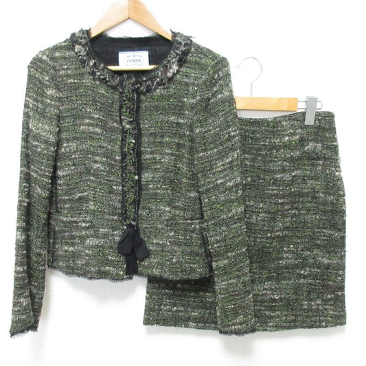 Prada Wool Tweed No Collar Jacket Skirt Setup 40 Green Ladies Preowned Used
