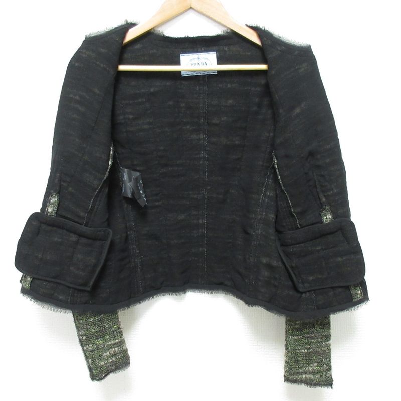 Prada Wool Tweed No Collar Jacket Skirt Setup 40 Green Ladies Preowned Used