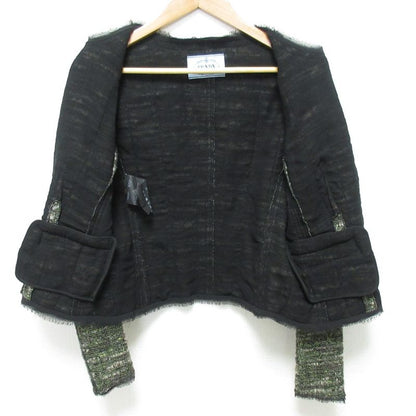 Prada Wool Tweed No Collar Jacket Skirt Setup 40 Green Ladies Preowned Used