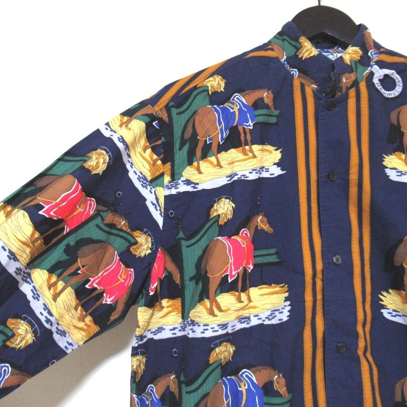 Hermes Vintage Ecuries Stable Scarf Pattern Serie Button Stand Collar Shirt