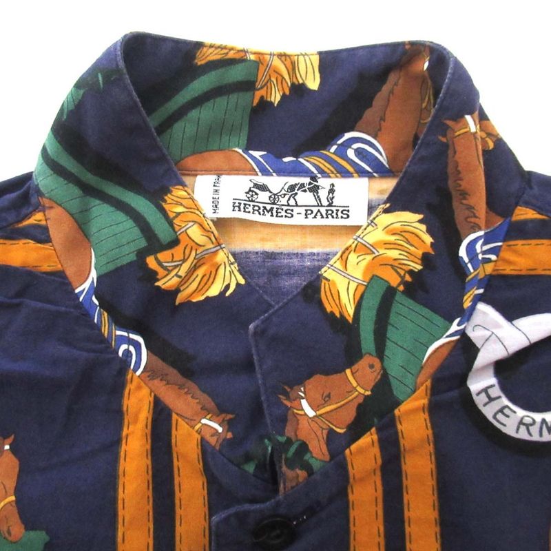 Hermes Vintage Ecuries Stable Scarf Pattern Serie Button Stand Collar Shirt