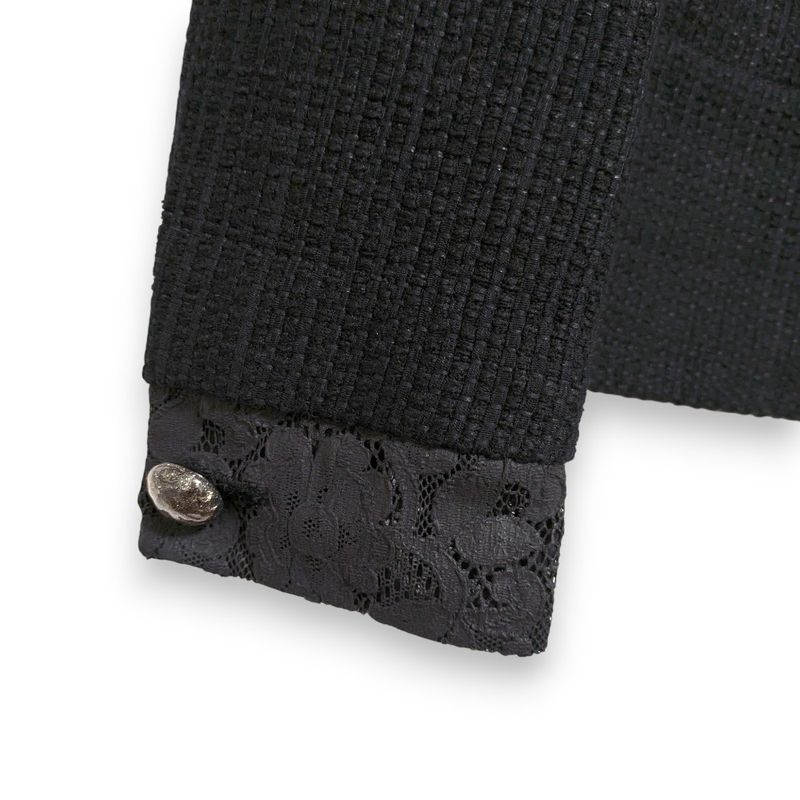 Chanel Lace Collarless Jacket + Skirt Setup Suit P51026 P51027 Size 40 Black