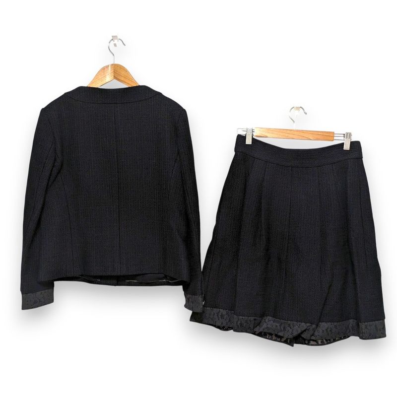 Chanel Lace Collarless Jacket + Skirt Setup Suit P51026 P51027 Size 40 Black