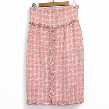 Chanel High Waist Tweed Skirt P50302 Size 40 Pink Ladies Used
