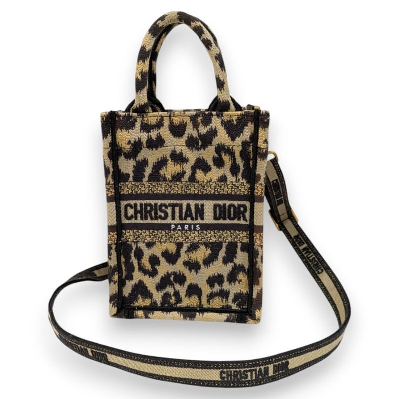 Christian Dior Book Tote Mini Phone Bag Shoulder Bag Leopard Pattern Beige