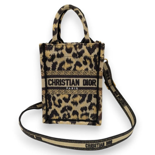 Christian Dior Book Tote Mini Phone Bag Shoulder Bag Leopard Pattern Beige