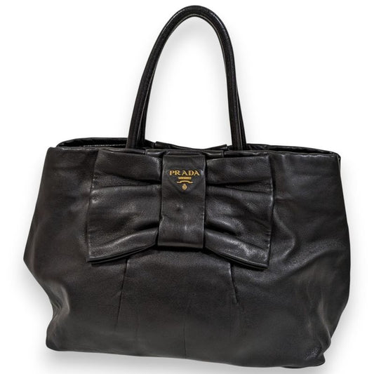 Prada Fiocco Bow Ribbon Leather Tote Bag Black Women Used