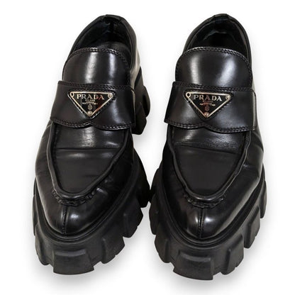 Good Prada Monolith Brushed Leather Pointed Toe Loafers Size 38 Approx 25cm