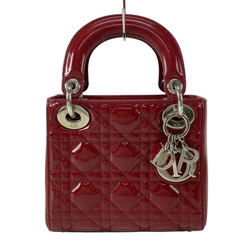 Dior Christian Dior Handbag Lady Dior Mini Bag Red Silver Hardware Leather