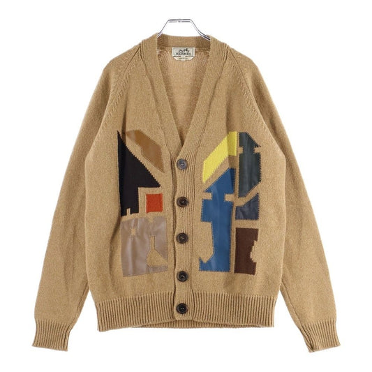 Hermes Cashmere Multicolor Leather Patch Knit Long Sleeve Cardigan Brown