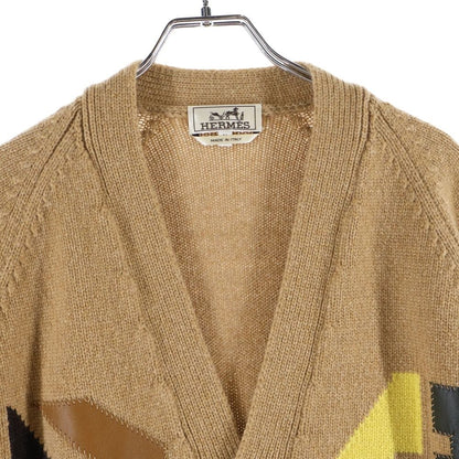 Hermes Cashmere Multicolor Leather Patch Knit Long Sleeve Cardigan Brown