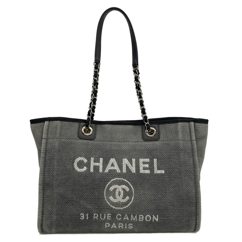 Chanel Tote Bag Deauville Line MM Gray X Black Chain Shoulder Silver Hardware