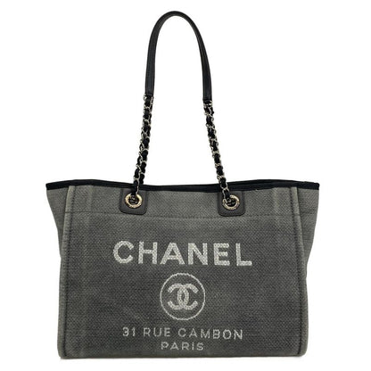 Chanel Tote Bag Deauville Line MM Gray X Black Chain Shoulder Silver Hardware