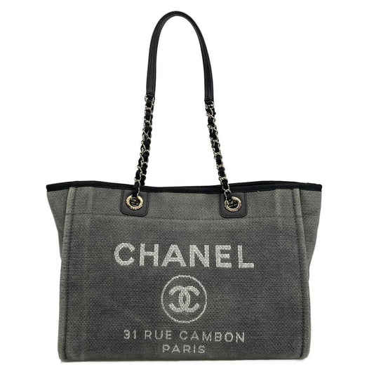 Chanel Tote Bag Deauville Line MM Gray X Black Chain Shoulder Silver Hardware