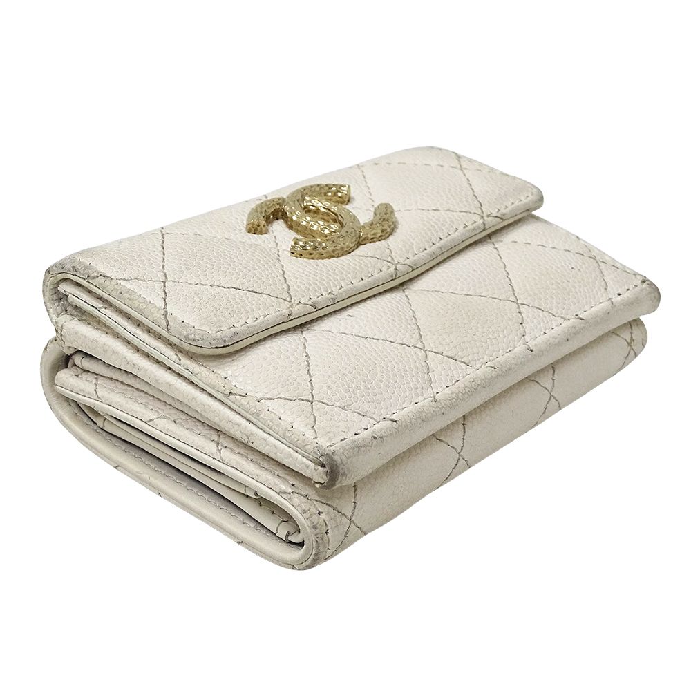 Chanel Wallet Matelasse Women'S Brand Trifold Wallet Caviar Skin White Gold