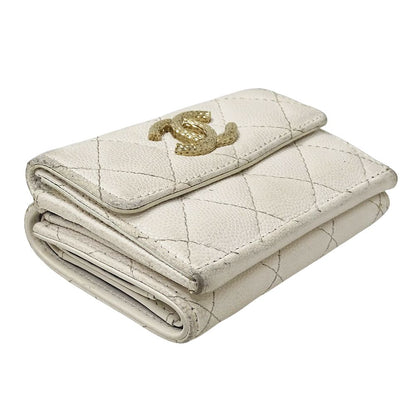 Chanel Wallet Matelasse Women'S Brand Trifold Wallet Caviar Skin White Gold