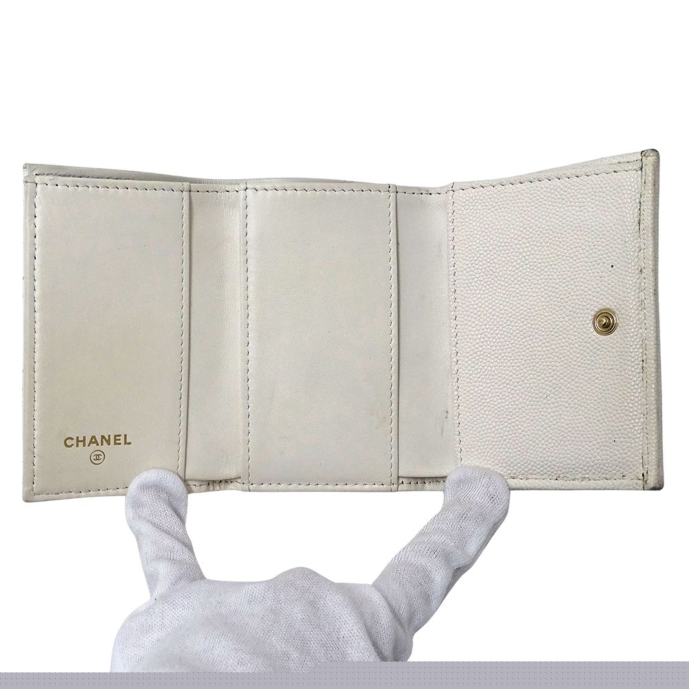 Chanel Wallet Matelasse Women'S Brand Trifold Wallet Caviar Skin White Gold