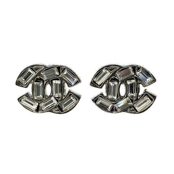 Chanel Silver 01p Coco Mark Rhinestone Brand Accessories Earrings Ladies