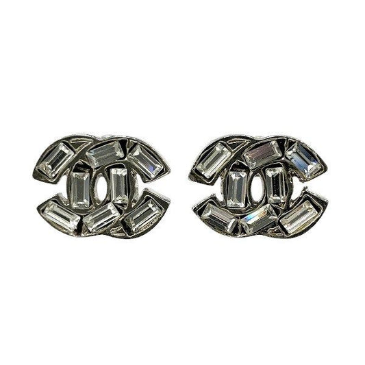 Chanel Silver 01p Coco Mark Rhinestone Brand Accessories Earrings Ladies