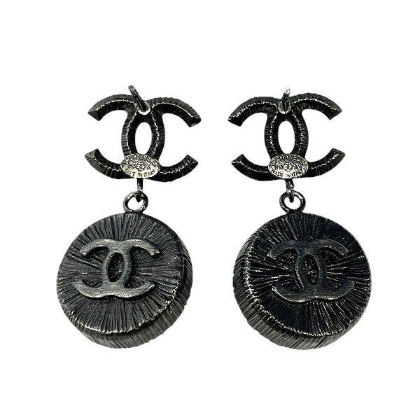 Chanel Black B10a Cocomark Stone Brand Accessories Earrings Ladies