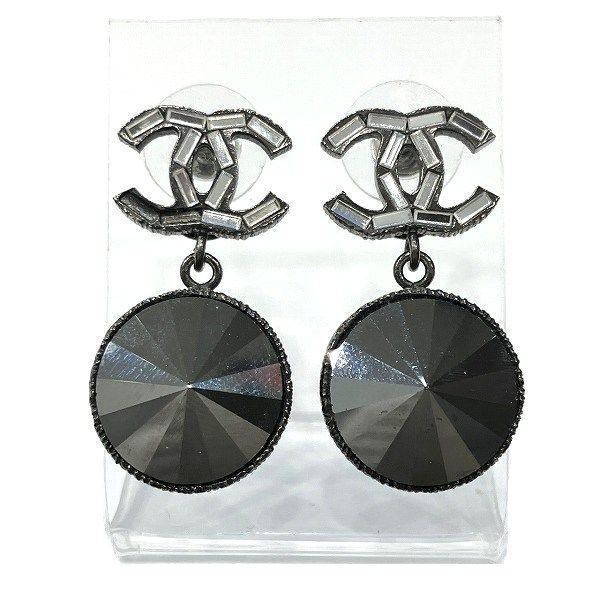 Chanel Black B10a Cocomark Stone Brand Accessories Earrings Ladies