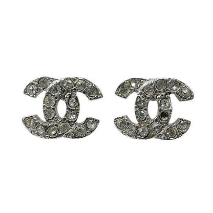 Chanel Silver 05a Coco Mark Rhinestone Brand Accessories Earrings Women's