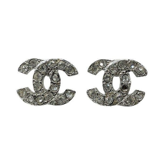 Chanel Silver 05a Coco Mark Rhinestone Brand Accessories Earrings Women's