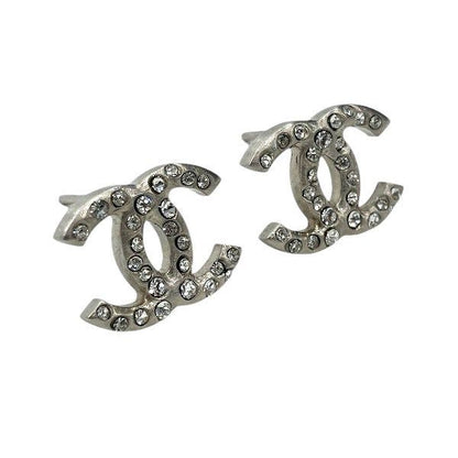 Chanel Silver B11p Coco Mark Rhinestone Brand Accessories Earrings Women's