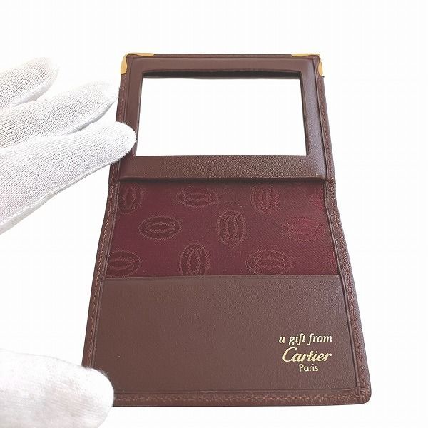 Cartier Mustline Bordeaux Leather Compact Mirror Brand Accessories Pass Case