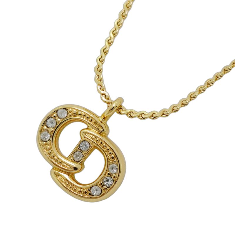 Christian Dior Necklace CD Logo GP Plated Rhinestone Gold Ladies