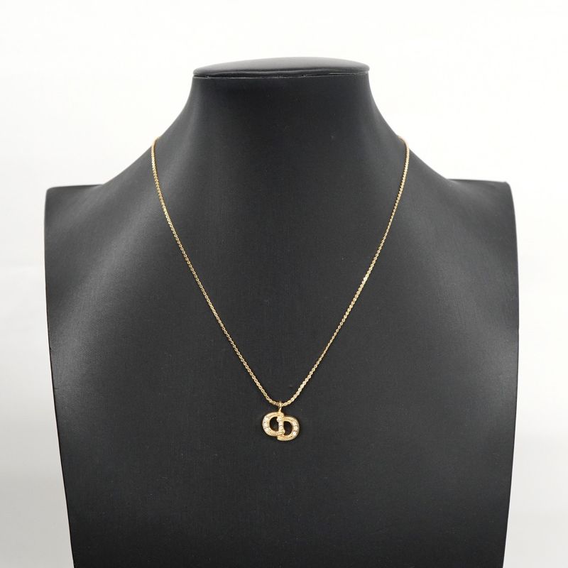 Christian Dior Necklace CD Logo GP Plated Rhinestone Gold Ladies